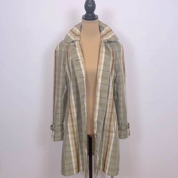 Banana Republic Olive Tan Cream Plaid Trench Rain Coat Size S - Picture 13 of 13
